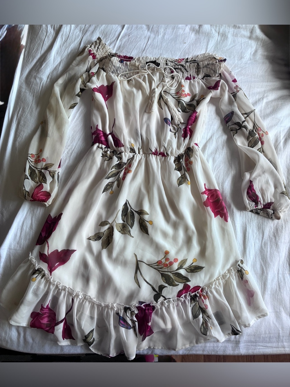 Off-Shoulder Floral Mini Dress in Cream with Magenta Blooms
